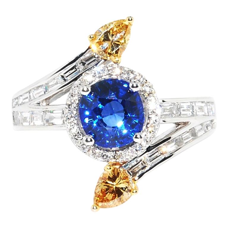 Unique Ceylon Sapphire and Yellow Diamond Fashion Ring in 18 Karat White Gold For Sale