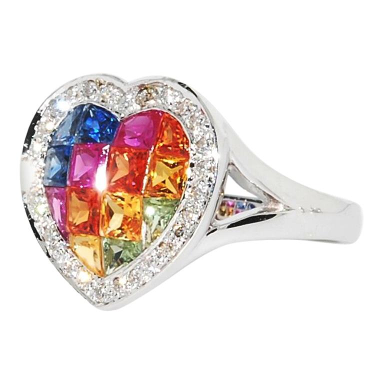 Multi-Color Sapphire and Diamond Heart Shaped Ring in 18 Karat White Gold