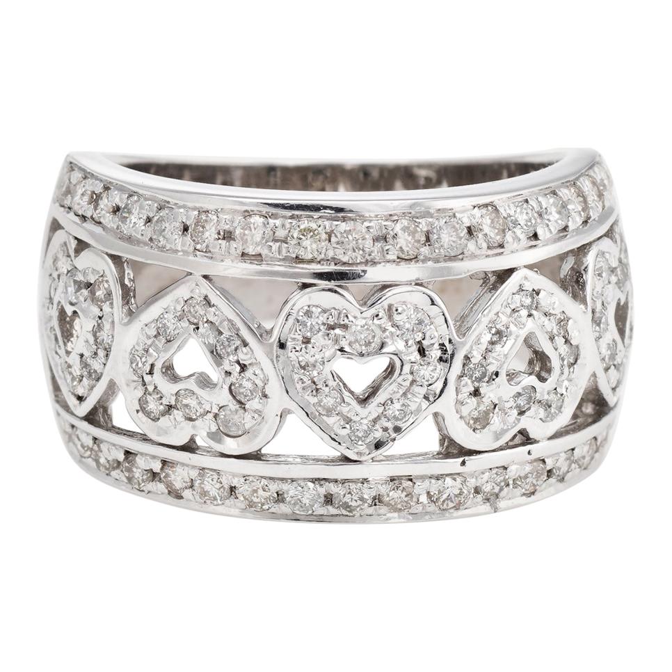 Estate Diamond Band Hearts 14 Karat White Gold Ring Vintage Fine Jewelry