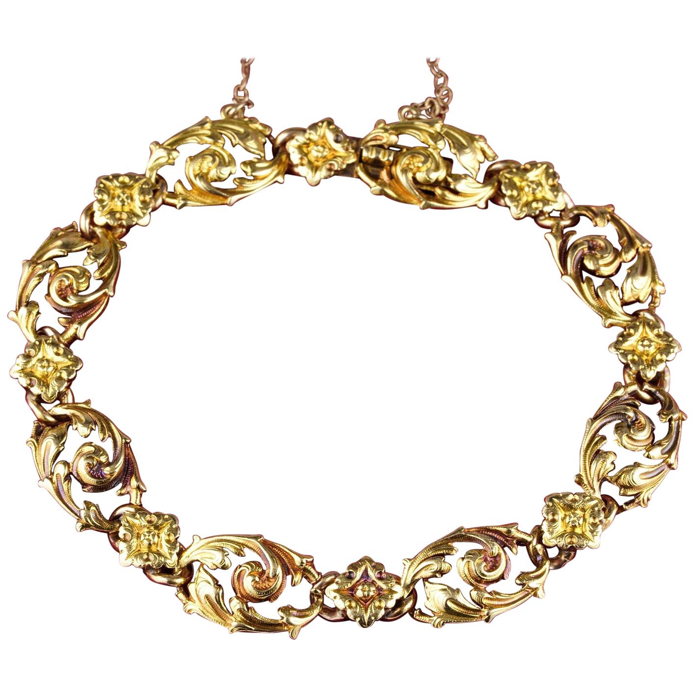 French Marks Rare Art Nouveau 18 Karat Gold Carved Bracelet For Sale