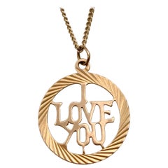 1960s Vintage Gold Charm Love Token Circle Round Pendant i Love You Lettering