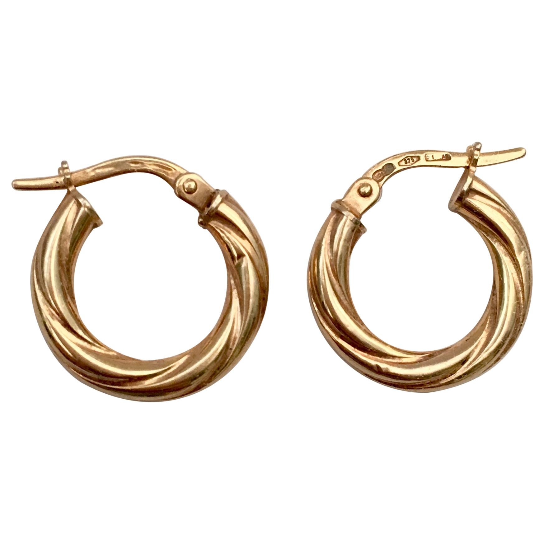 Vintage Gold Hoops Small Twisted Braided Hoop Earrings Yellow Gold For Sale