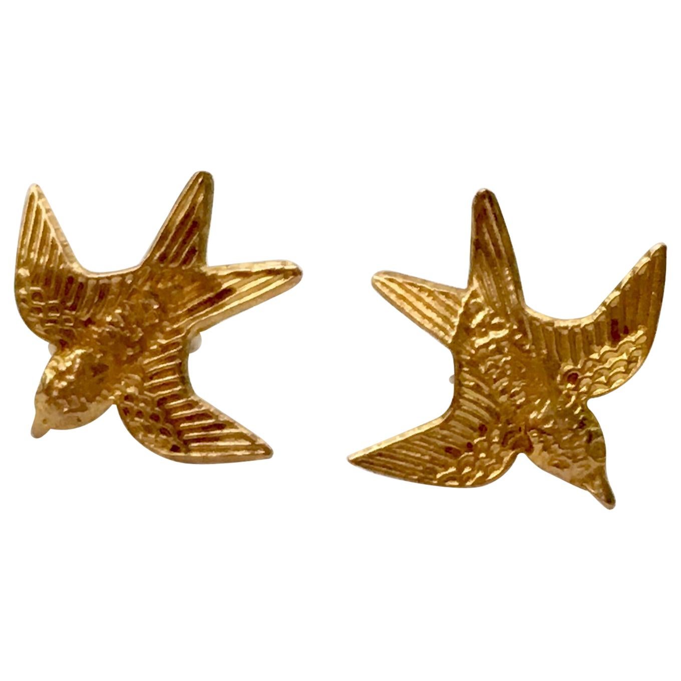 Vintage Gold Earrings Bird Swallow Studs