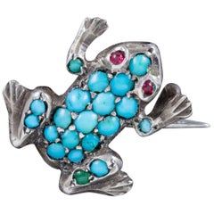 Antique Victorian Turquoise Frog Brooch Silver, circa 1900