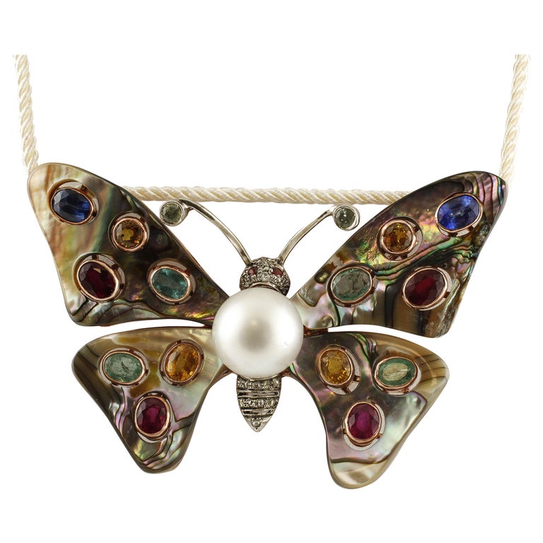 Australian Pearl, Diamonds, Emeralds, Rubies, Sapphires, Retro Butterfly Brooch For Sale