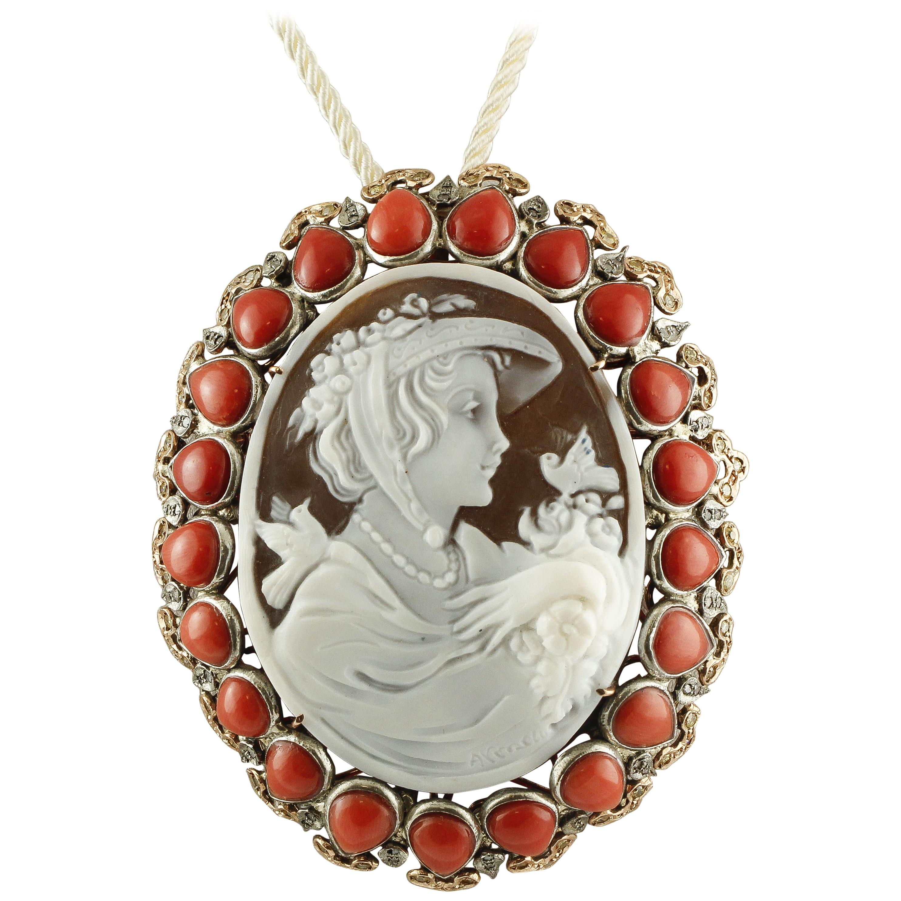 Carved Cameo, Rubrum Coral, Diamonds, Sapphires, Unique Retro Brooch