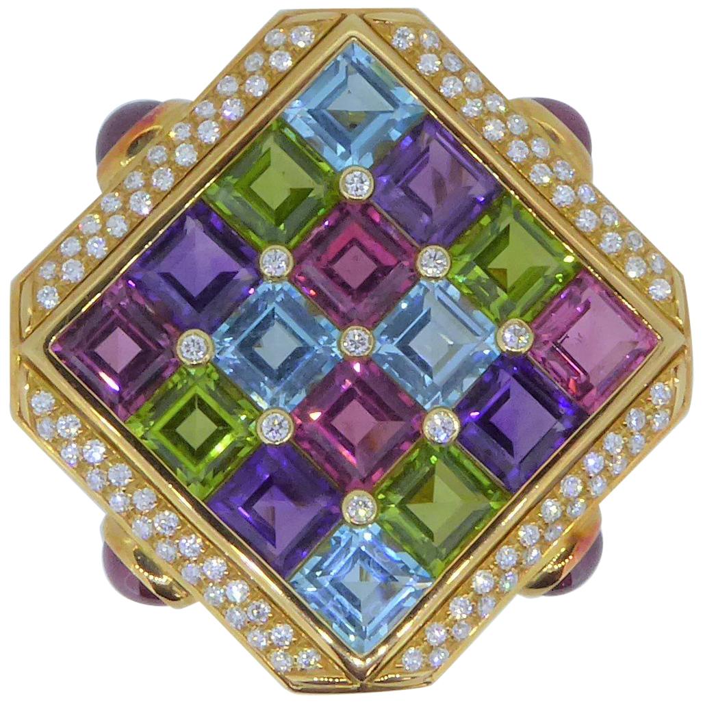 Bulgari 18 Carat Yellow Gold Multi-Gem and Diamond Carré Brooch