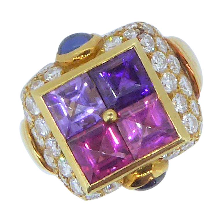 Bulgari Multi-Gem and Diamond Gold  Carré Ring