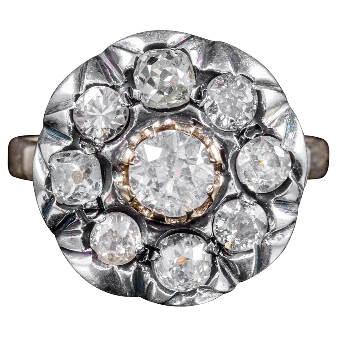 Antique Georgian Old Cut Diamond 18 Carat Gold Silver, circa 1830 Cluster Ring  For Sale