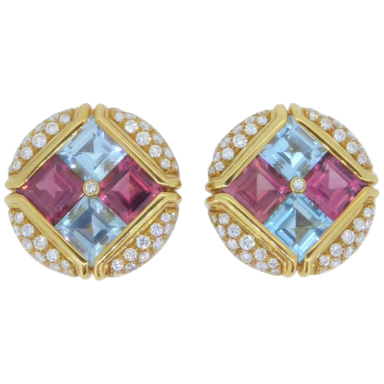 Bulgari 18 Carat Yellow Gold Multi-Gem and Diamond Carré Earrings Earclips