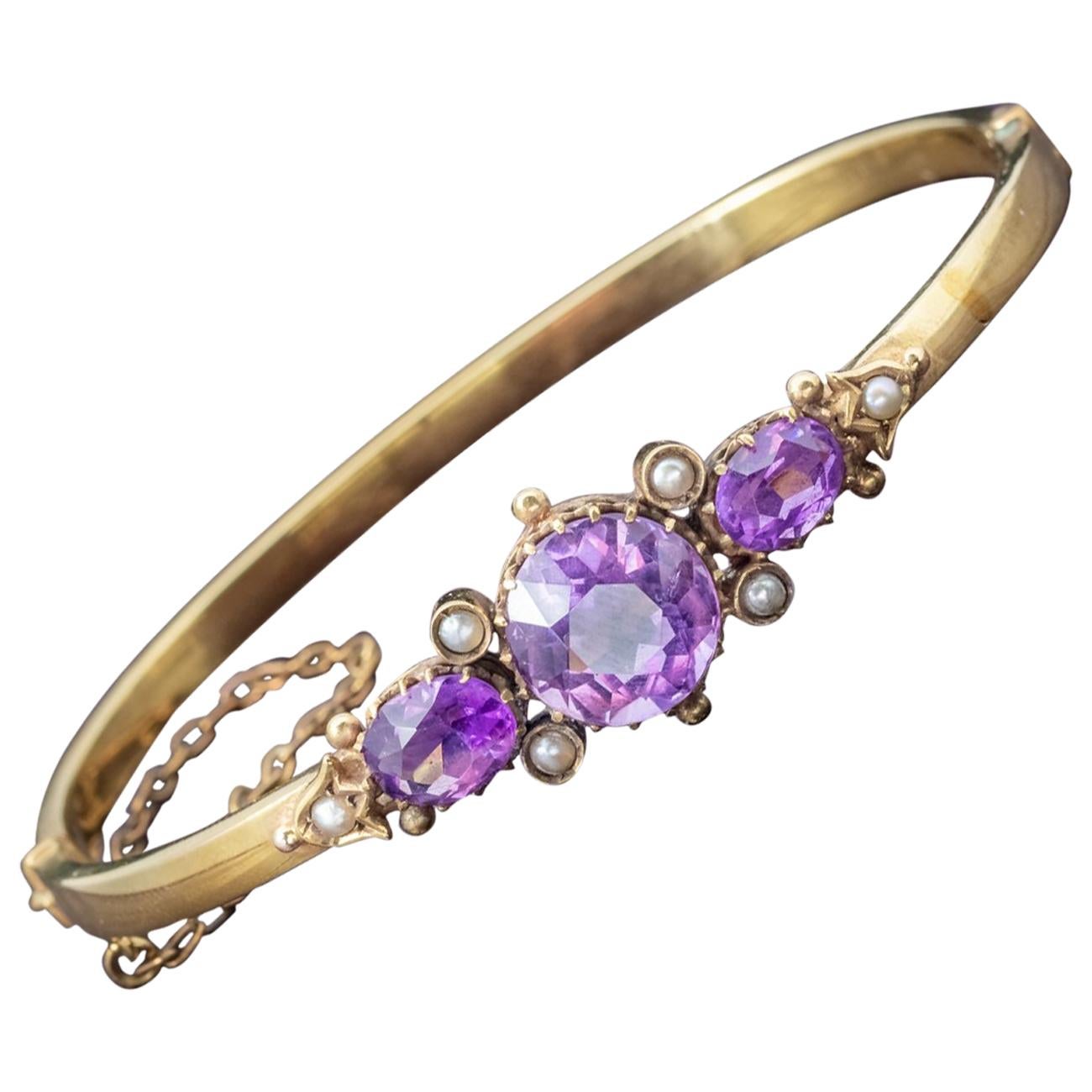 Antique Victorian Amethyst Pearl 9 Carat Gold, circa 1900 Bangle For Sale