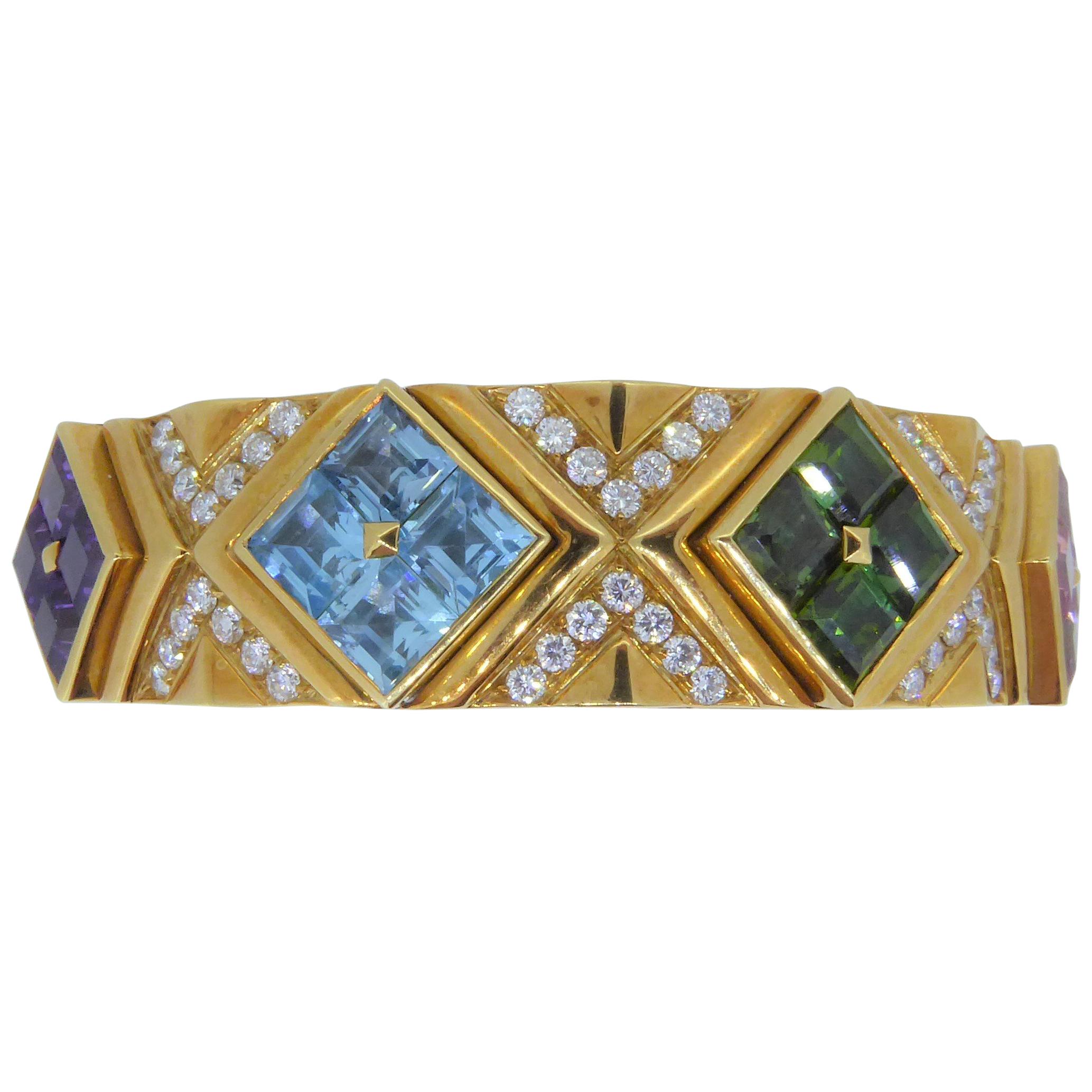 Bulgari 18 Carat Yellow Gold Multi-Gem and Diamond Carré Bracelet Bangle