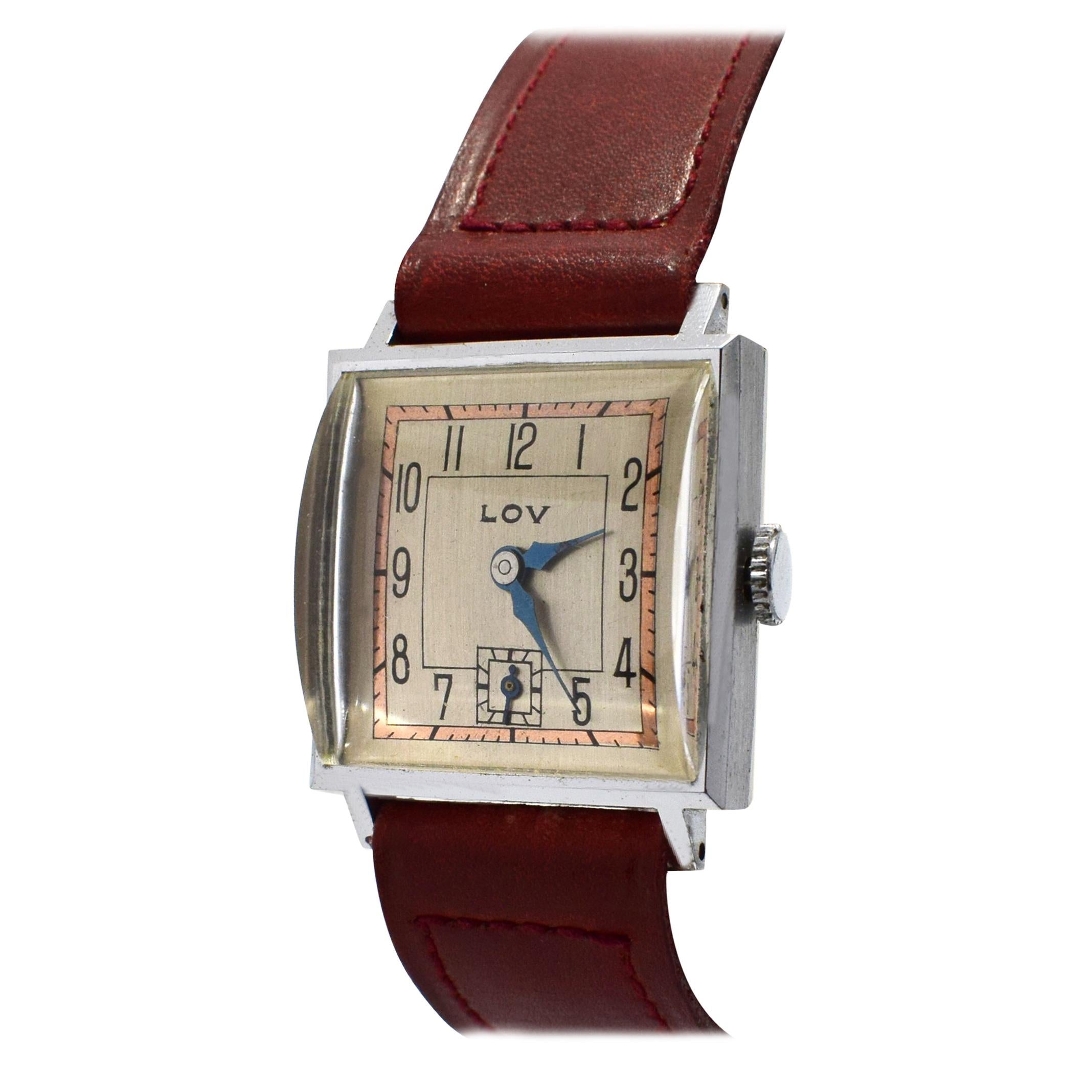 Stylish Art Deco Gents Wrist Watch by Lov or Never Worn, circa 1930