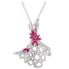 Stefan Hafner Full Diamond and Ruby Flowers White Gold Pendant Necklace