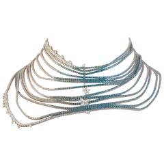 Stefan Hafner Diamond Aquamarine and Topaz 13 String White Gold Collar Necklace