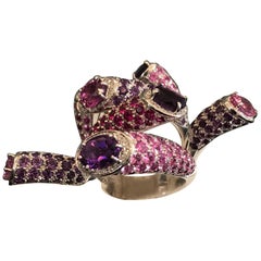 White Gold Diamond Pink and Fuchsia Sapphires Amethyst Ring