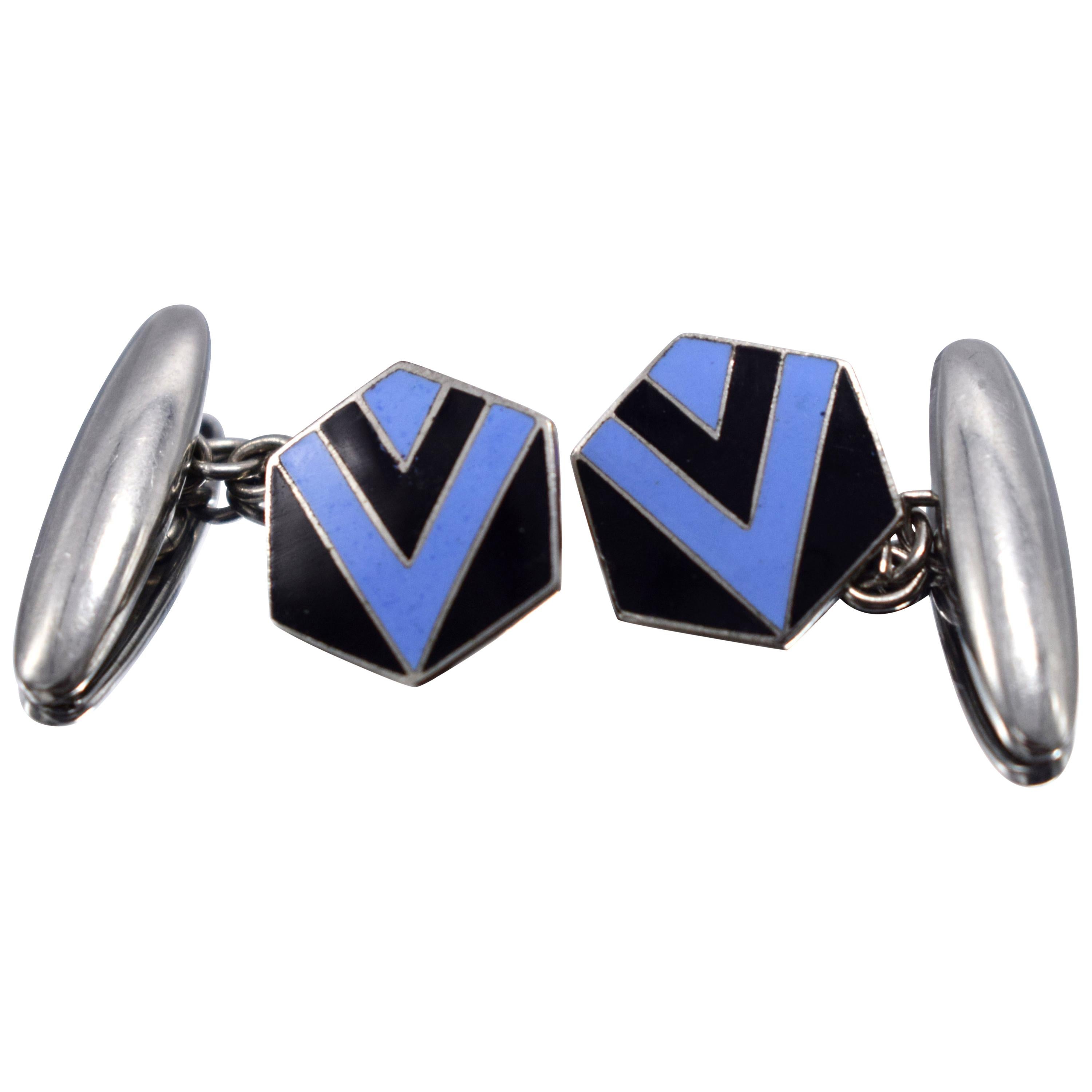 1930s Art Deco Gents's Matching Pair of Enamel Cufflinks