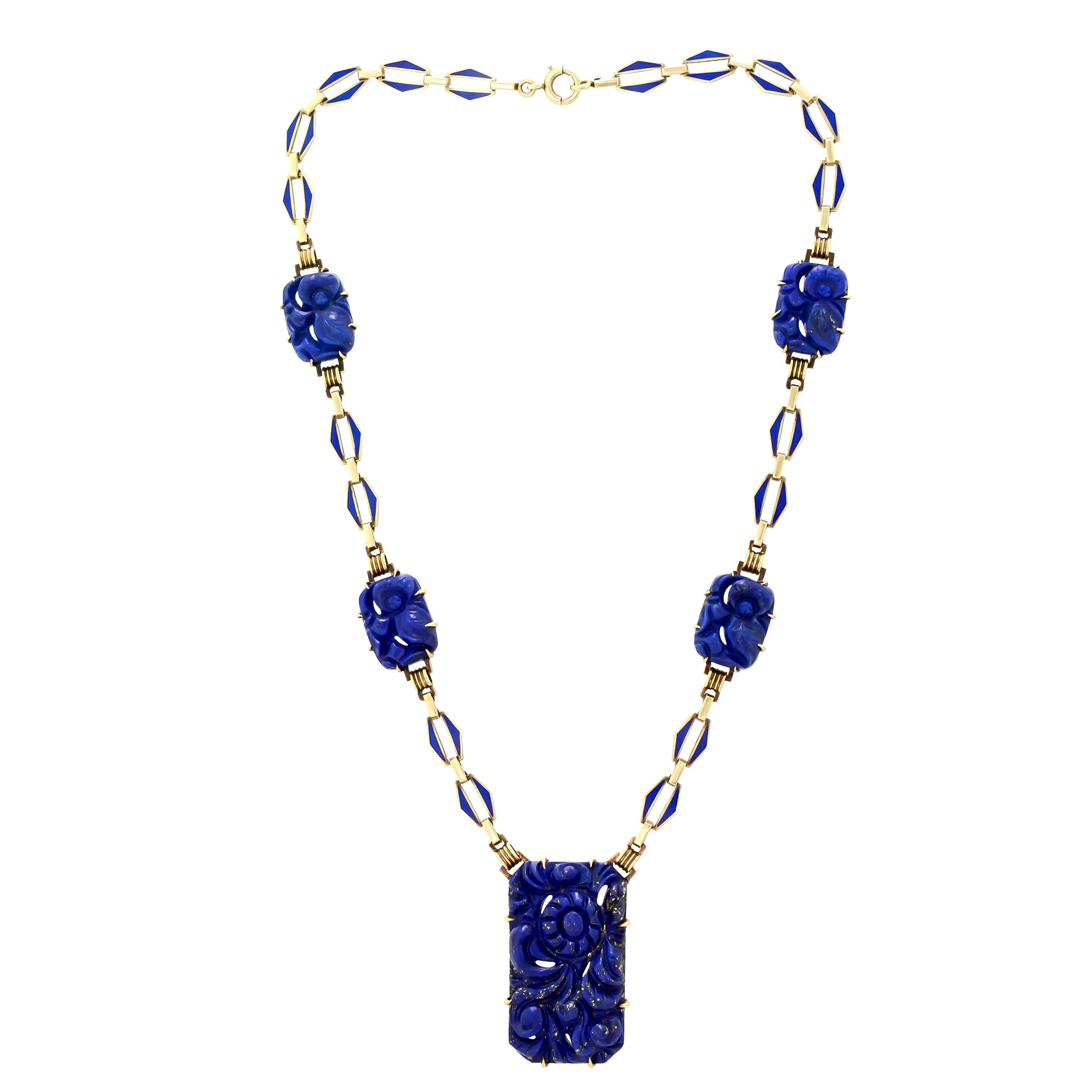 Alluring Art Deco Carved Lapis, Blue Enamel and 14 Karat Yellow Gold Necklace For Sale