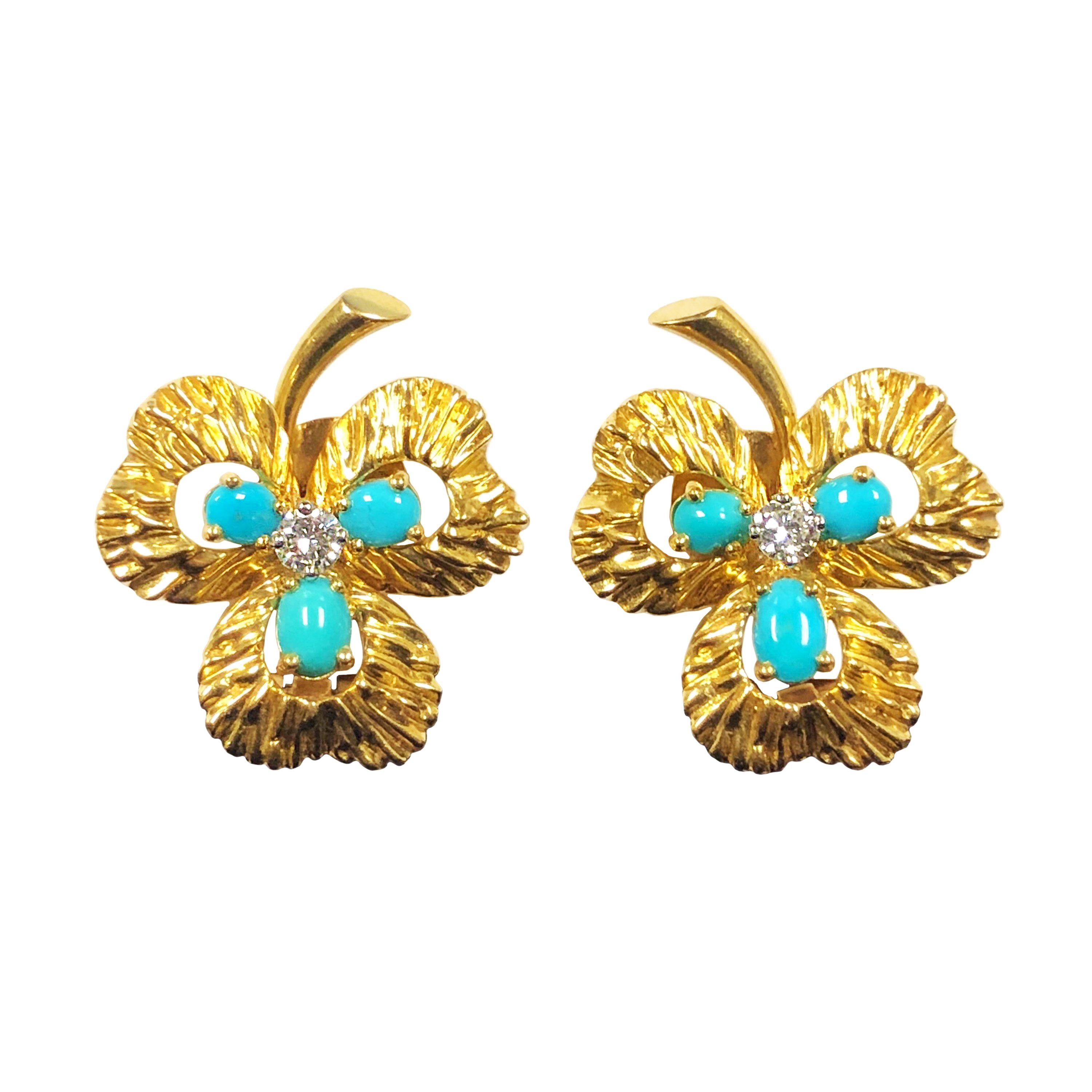 Van Cleef & Arpels France Gold Diamond and Turquoise Clover Leaf Earrings