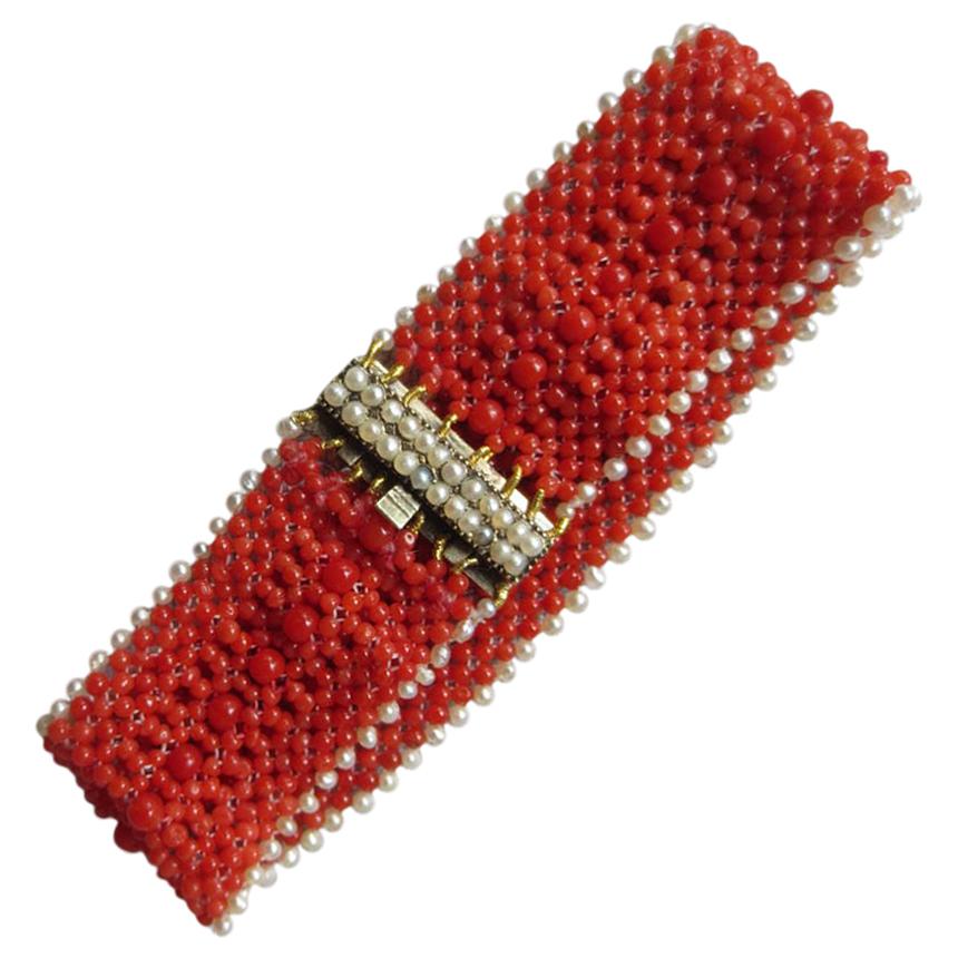 Woven Coral and Pearl Bracelet with a Pearl and 14 Karat Gold and Pearl Clasp