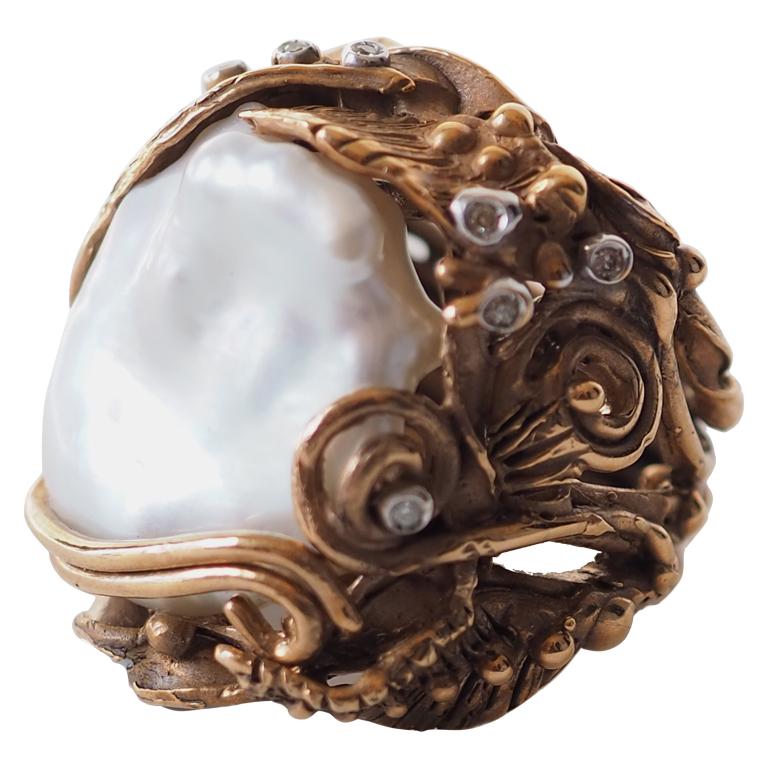 Bronze Natural Pearls Diamonds Bronze Ring For Sale at 1stdibs