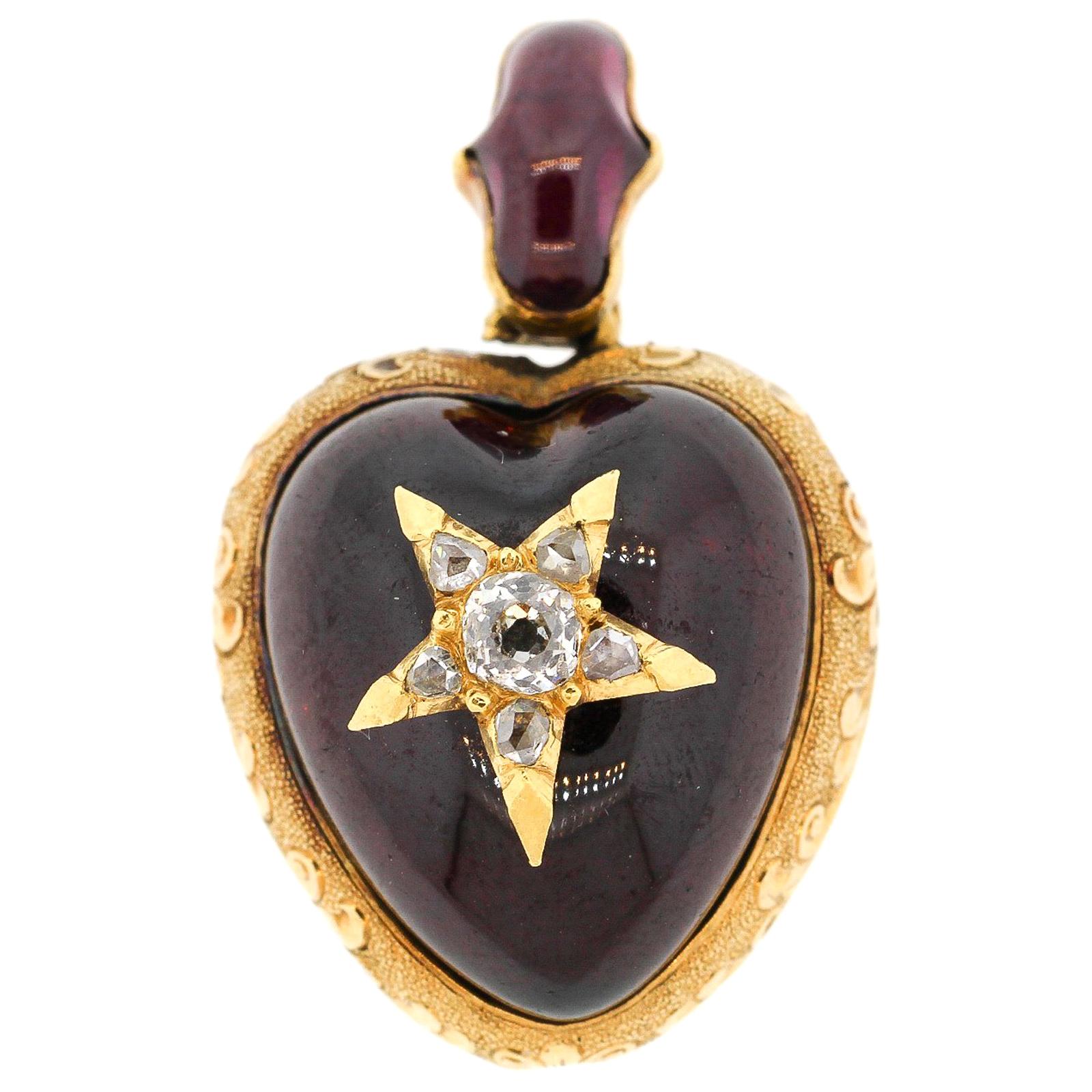 Antique Victorian 18 Karat Gold Cabochon Garnet Diamond Heart Pendant For Sale