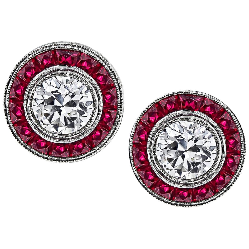 Diamond Ruby Platinum Halo Earrings