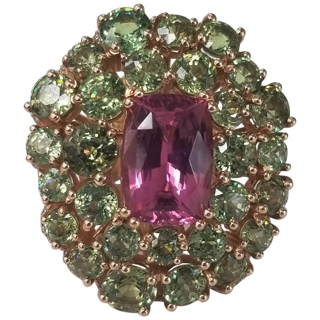 14 Karat Rose Pink Spinel and Demantoid with Diamond Edge Ring