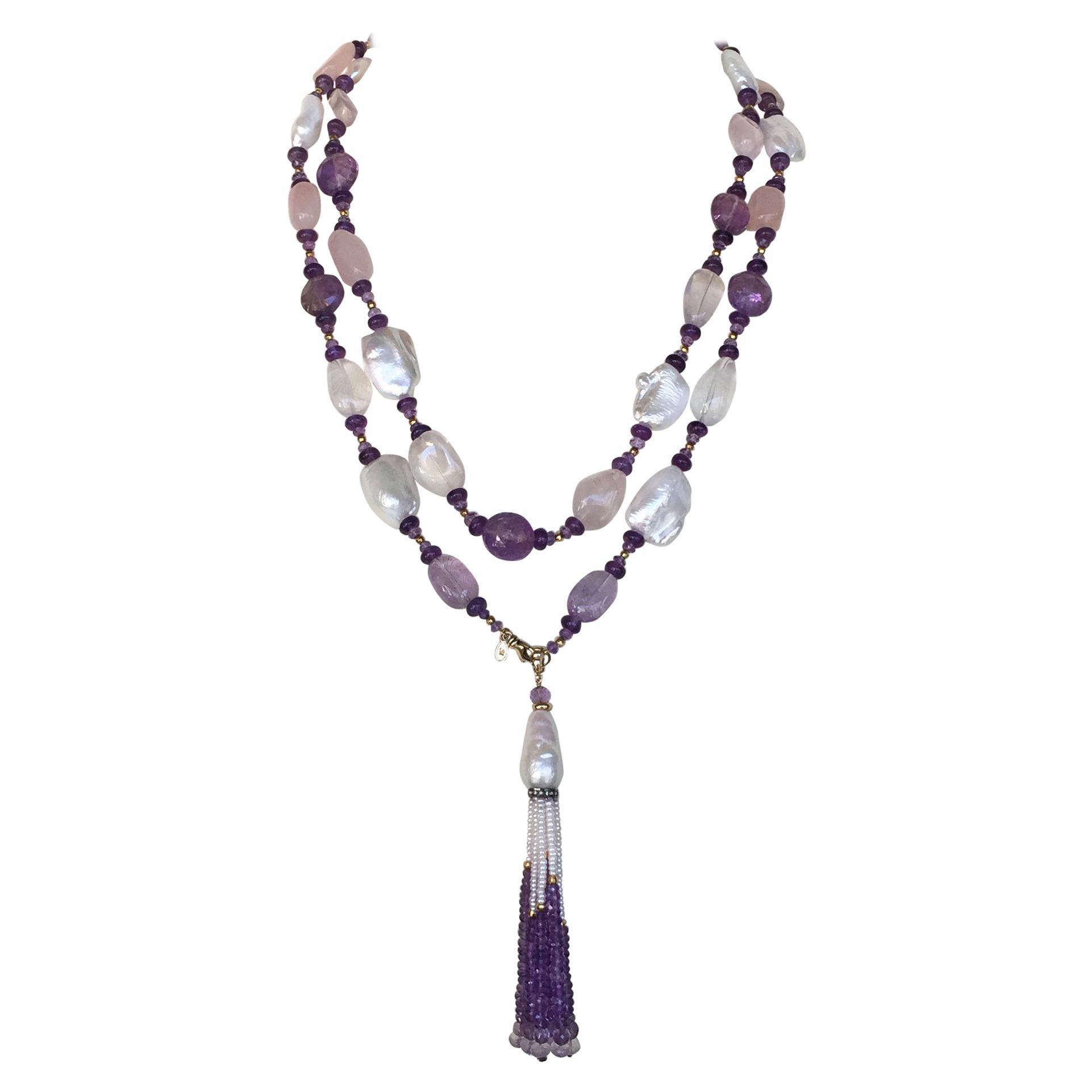 Marina J Long Pearl and Amethyst Sautoir Necklace with Tassel and Yellow Gold