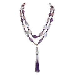 Marina J Long Pearl and Amethyst Sautoir Necklace with Tassel and Yellow Gold