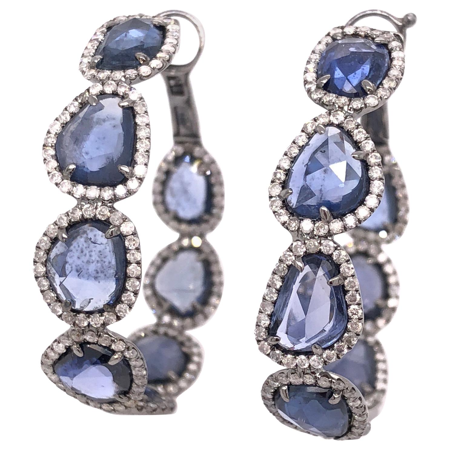 Ruchi New York Rose Cut Blue Sapphire and Pavé Diamond Hoops