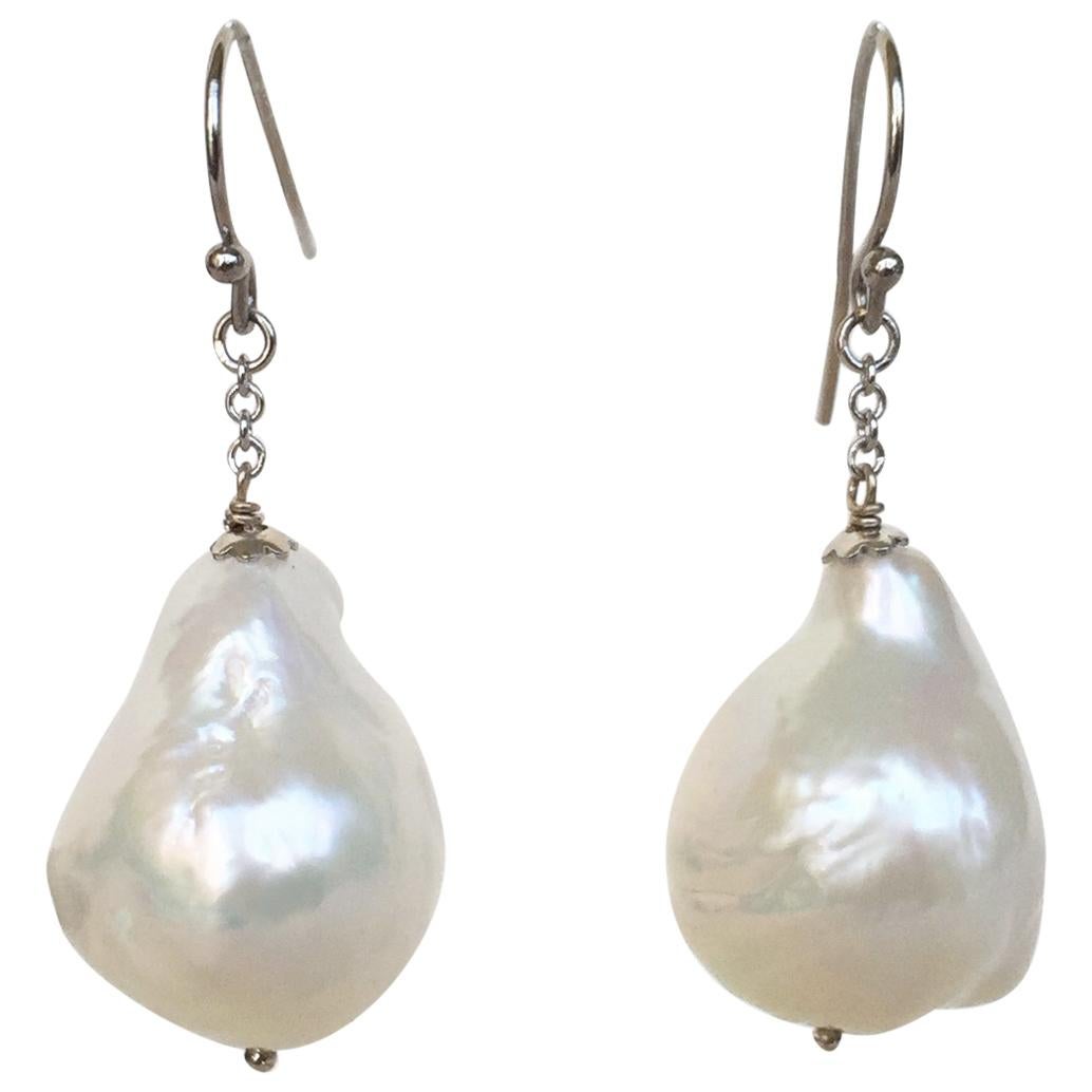 Marina J Large White Baroque Pearl Dangle Earrings with 14 k Gold Chain and Hook