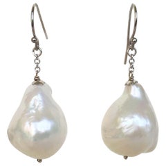 Marina J Large White Baroque Pearl Dangle Earrings with 14 k Gold Chain and Hook