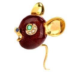 Frascarolo Vintage Mouse Diamond Emerald Enamel 18 Karat Gold Pin Brooch