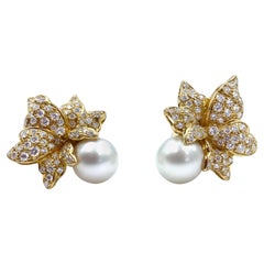 Vintage 18 Karat Gold and Diamond Flower Shaped Earrings with Huge South Sea Pearl