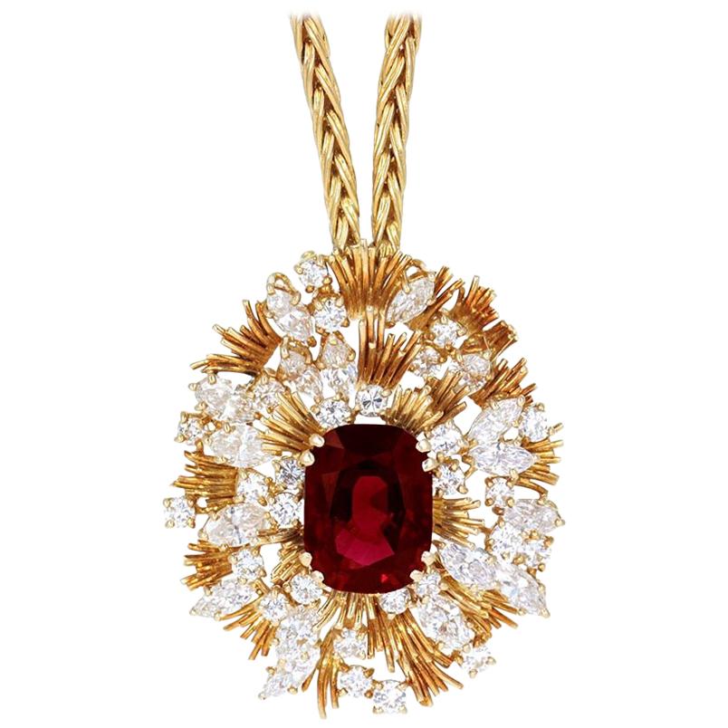 Asprey 7.64 Carat Ruby Diamond and Yellow Gold Pendant Necklace