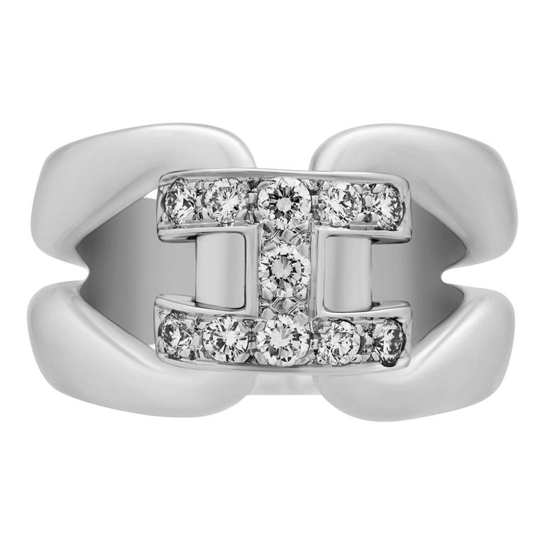 Hermes 18 Karat White Gold Diamond "H" Ring For Sale at 1stDibs