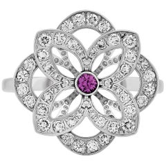 Louis Vuitton 18 Karat White Gold Diamond and Pink Sapphire Flower Ring