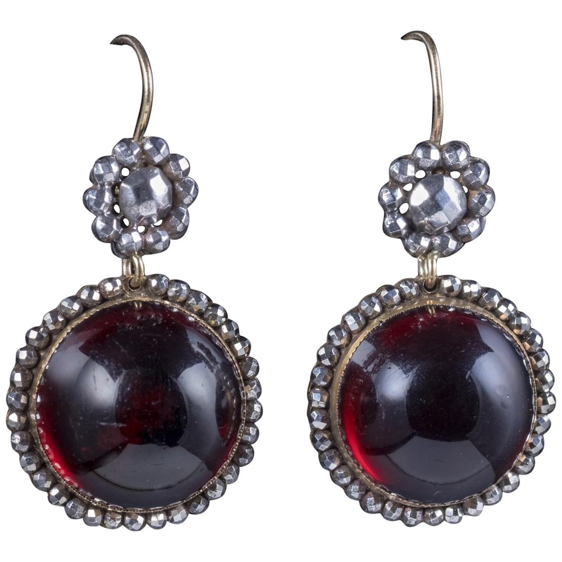 Antique Georgian Cabochon Red Paste Earrings Cut Steel Silver, circa 1830 For Sale