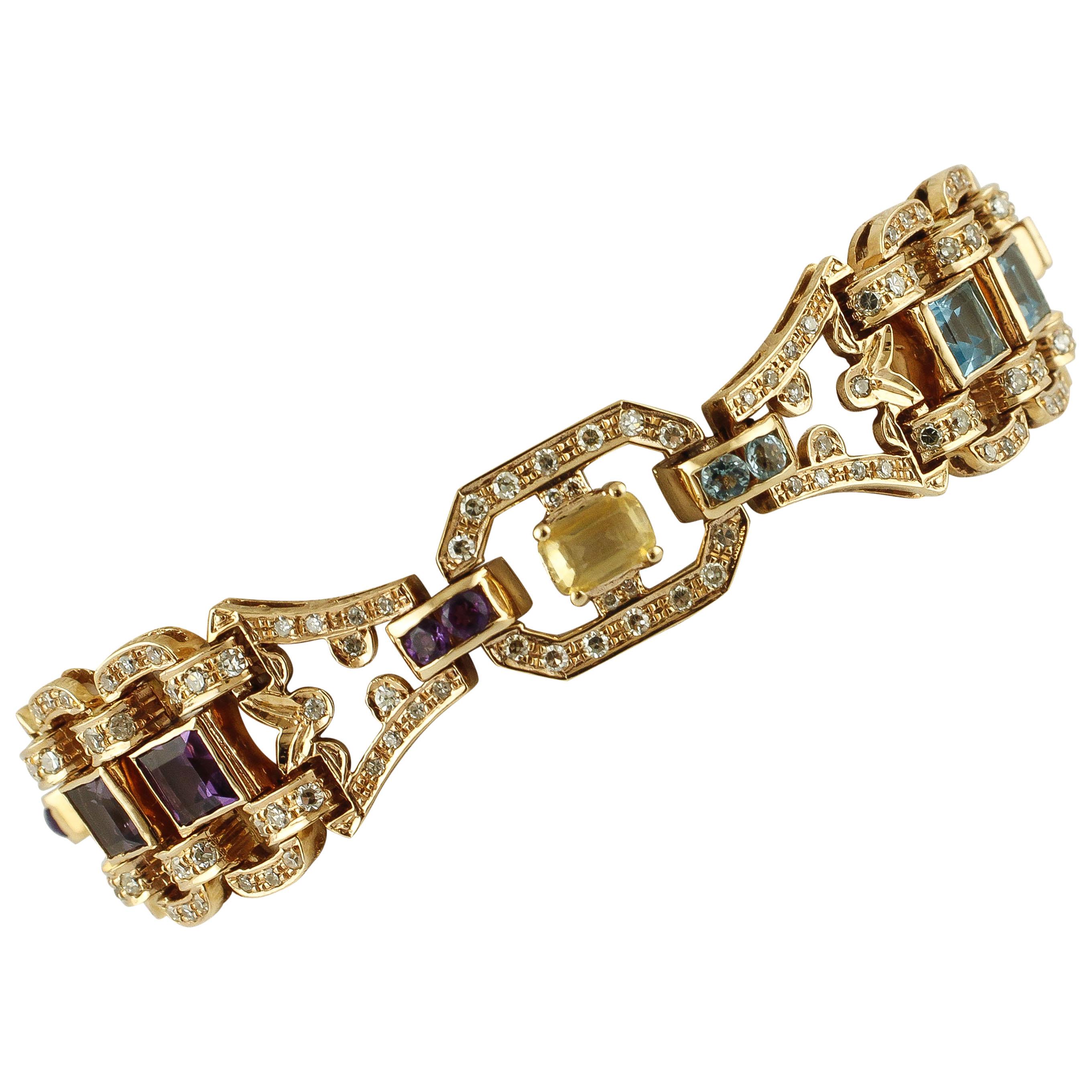 Diamonds, Topazes, Amethysts, Peridot, Tourmaline, Rose Gold Retro Bracelet