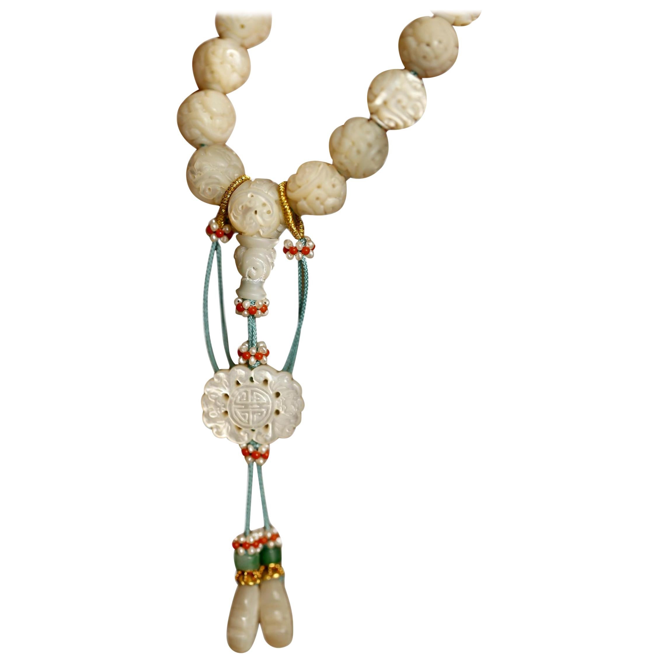 Chinese Carved Oyster Shell and Jade Bead Bracelet