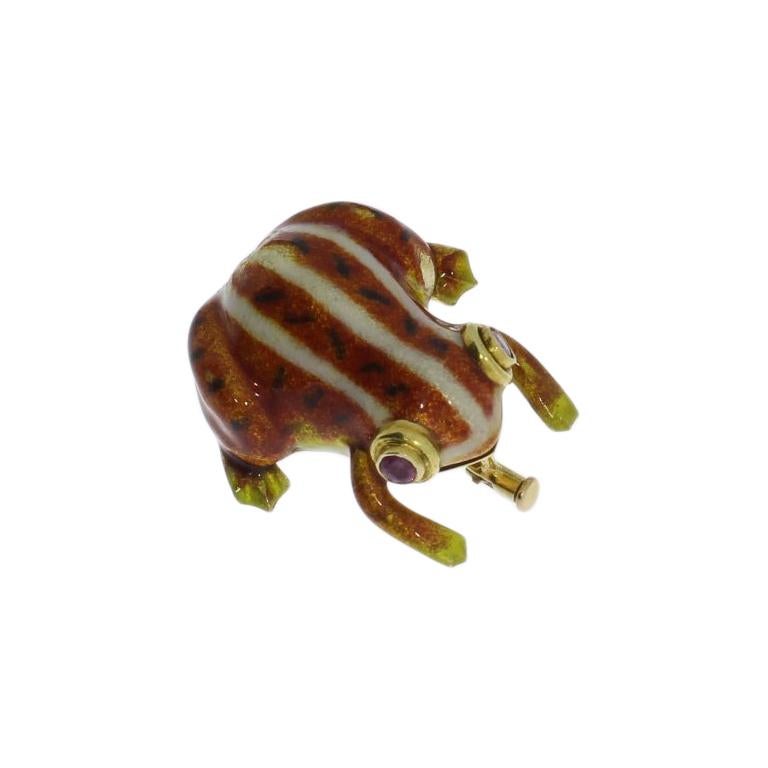 Broche grenouille en émail, rubis et or 14 carats