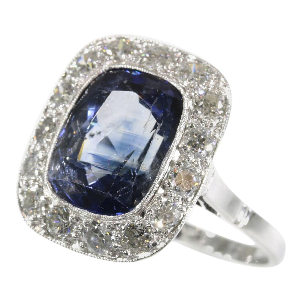 Original Vintage Art Deco Sapphire and Diamond Engagement Ring For Sale