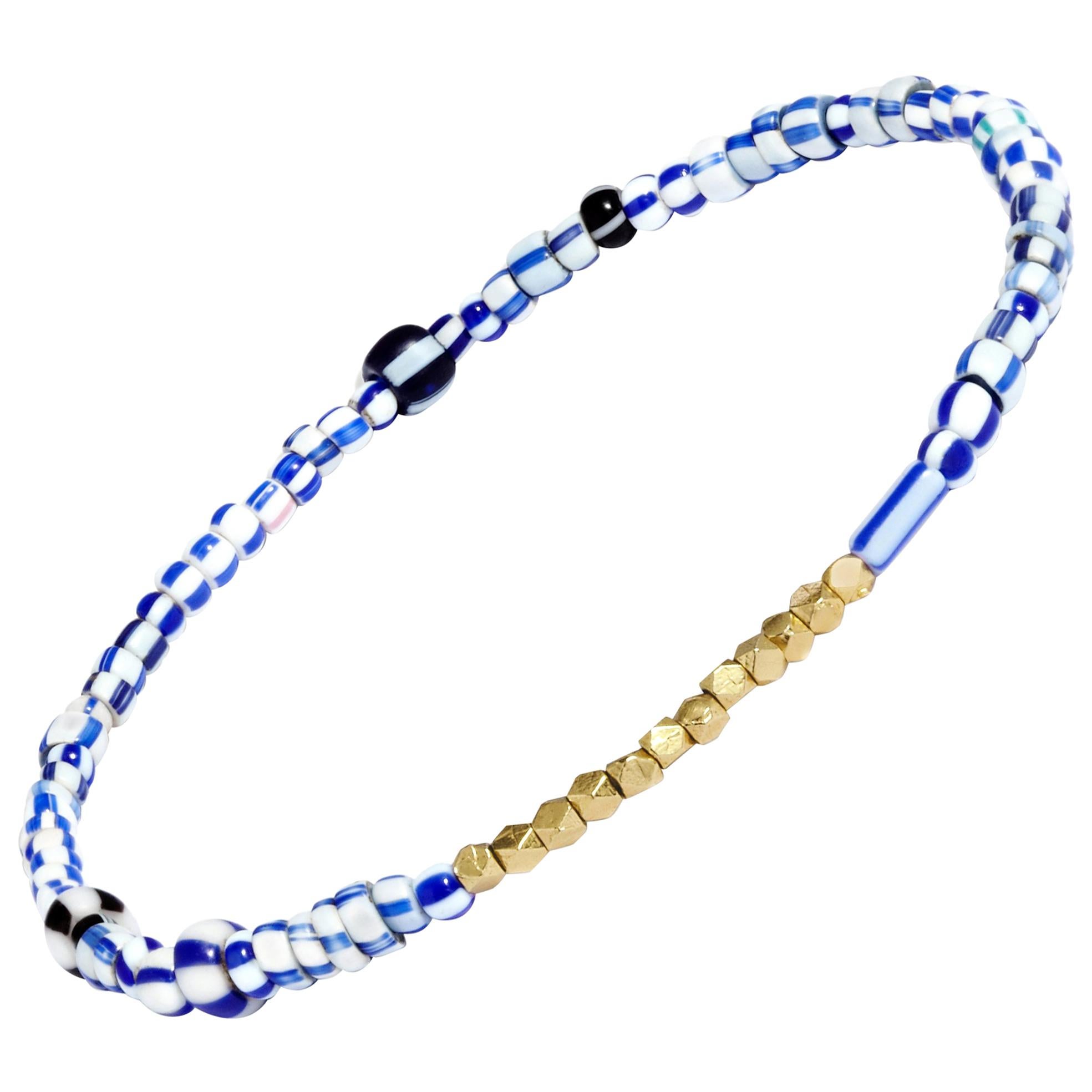 14 Karat Gold and Vintage Blue Mix Beaded Bracelet by Allison Bryan