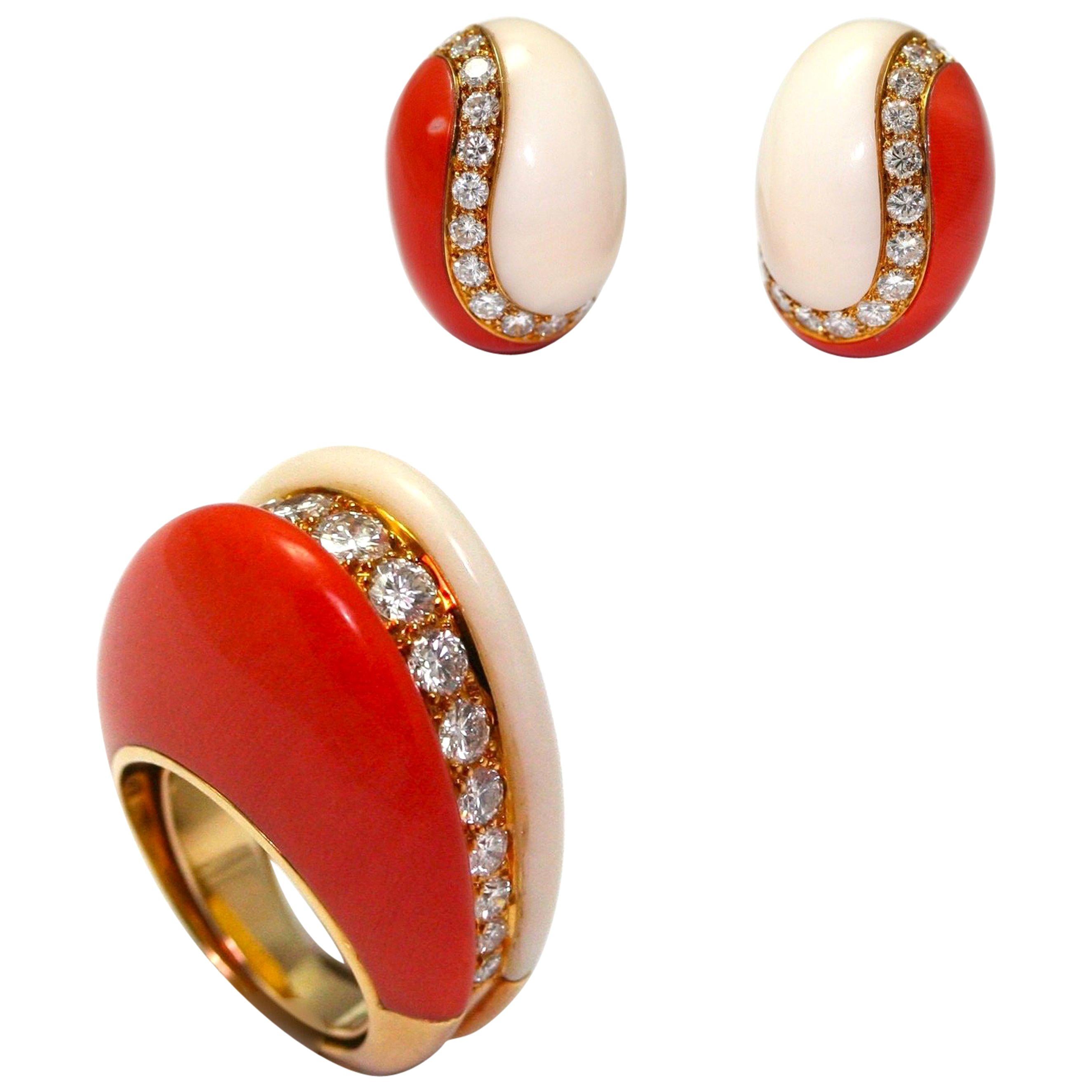 Van Cleef & Arpels Coral Earrings And Ring Set