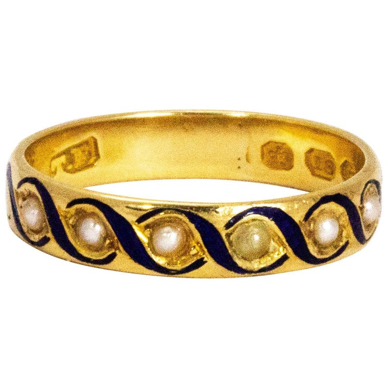 Early Victorian Pearl and Blue Enamel 18 Carat Gold Band at 1stDibs