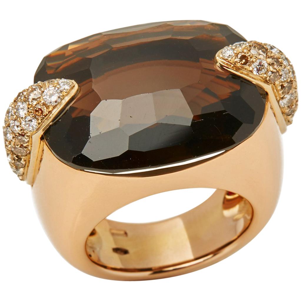 Pomellato 18 Karat Yellow Gold Smoky Quartz & Diamond Cocktail Ring