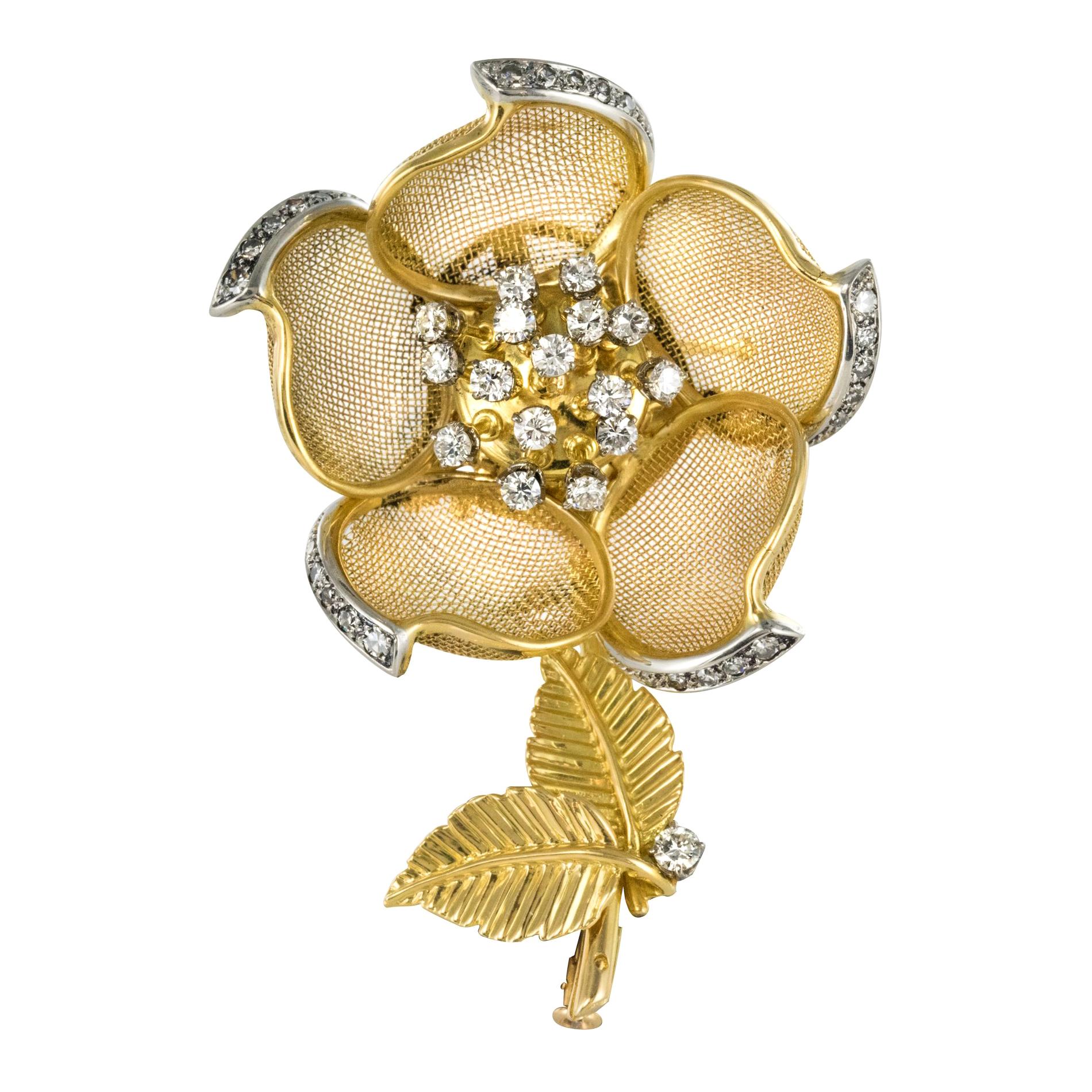1960s French Retro Rose Shape Articulated Diamond Yellow Gold Brooch