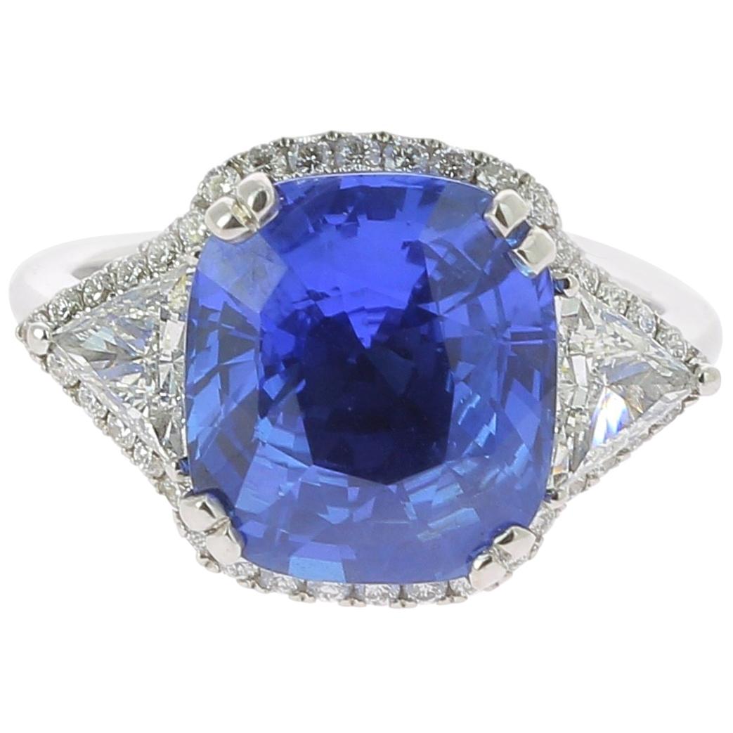 7.16 Carat Ceylon Intense Blue Sapphire Cocktail Ring Set with Round Diamond