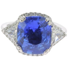 7.16 Carat Ceylon Intense Blue Sapphire Cocktail Ring Set with Round Diamond